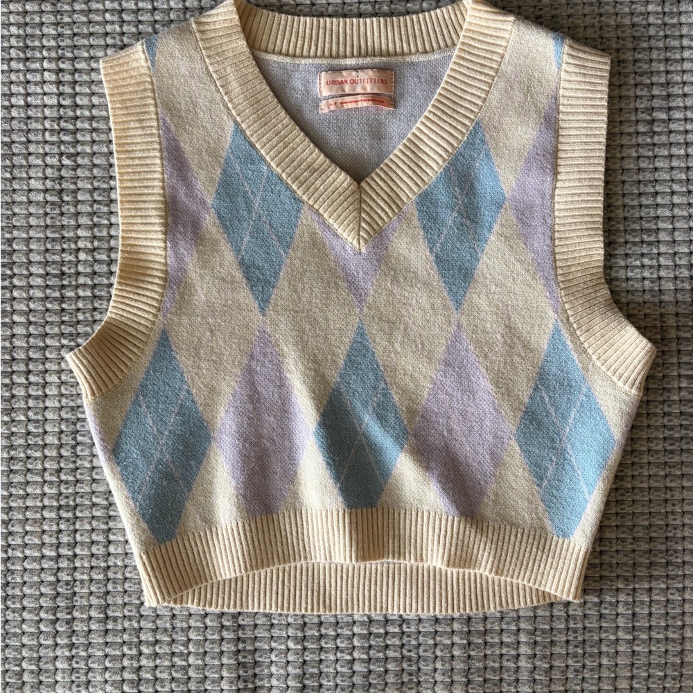 Argyle Knit Sweater Vest - Cream, Blue, and Purple